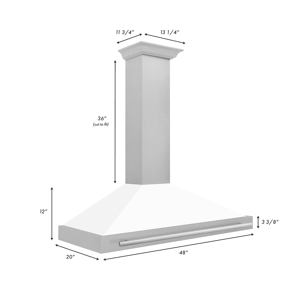 ZLINE Convertible Fingerprint Resistant DuraSnow® Stainless Steel Range Hood with White Matte Shell and Stainless Steel Handle (KB4SNX-WM) dimensional diagram with measurements.