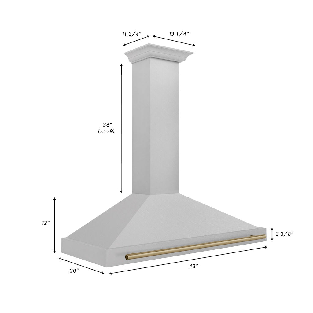 ZLINE Autograph Edition Convertible Fingerprint Resistant DuraSnow® Stainless Steel Range Hood with Champagne Bronze Handle (KB4SNZ-CB) dimensional diagram with measurements.