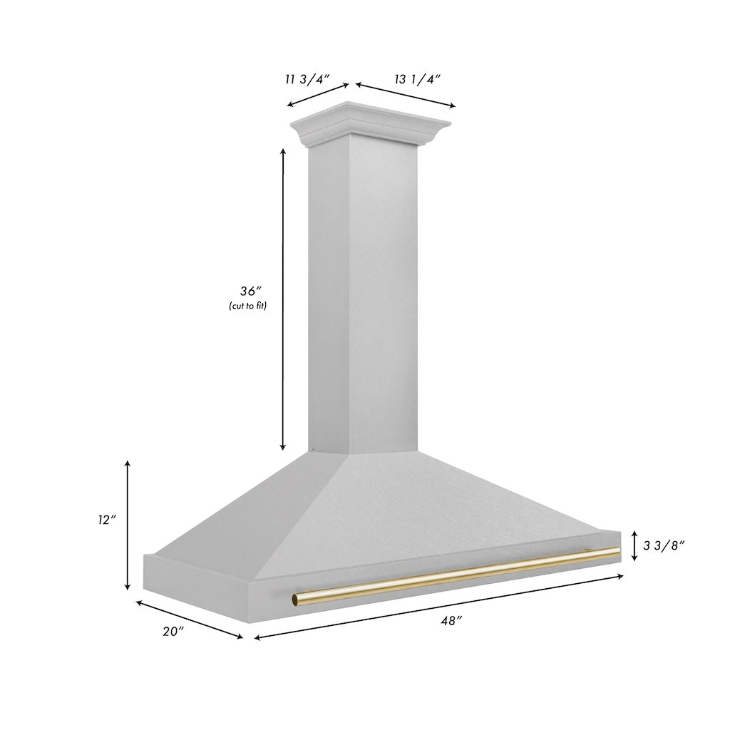 ZLINE Autograph Edition Convertible Fingerprint Resistant DuraSnow® Stainless Steel Range Hood with Polished Polished Gold Handle (KB4SNZ-G) dimensional diagram with measurements.