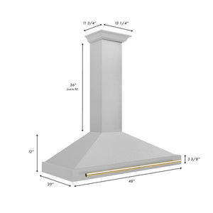 ZLINE Autograph Edition Convertible Fingerprint Resistant DuraSnow® Stainless Steel Range Hood with Polished Polished Gold Handle (KB4SNZ-G) dimensional diagram with measurements.