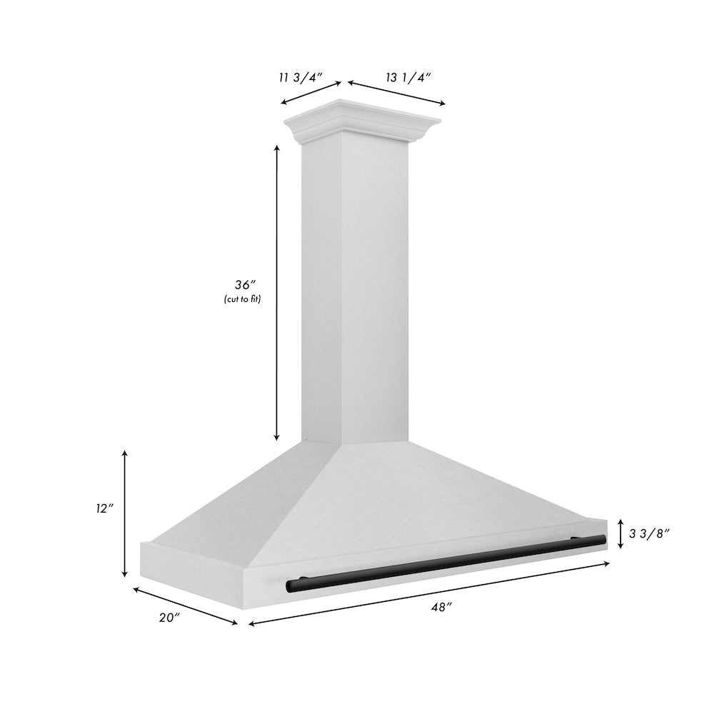 ZLINE Autograph Edition 48 in. Convertible Satin Stainless Steel Wall Mount Range Hood with Matte Black Handle (KB4SNZ-48-MB) dimensional diagram.