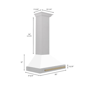 ZLINE Autograph Edition Convertible Fingerprint Resistant DuraSnow® Stainless Steel Range Hood with White Matte Shell and Champagne Bronze Handle (KB4SNZ-WM-CB) dimensional diagram with measurements.