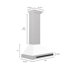 ZLINE Autograph Edition 30 in. Convertible Satin Stainless Steel Wall Mount Range Hood with White Matte Shell and Matte Black Handle (KB4SNZ-WM30-MB) dimensional diagram.