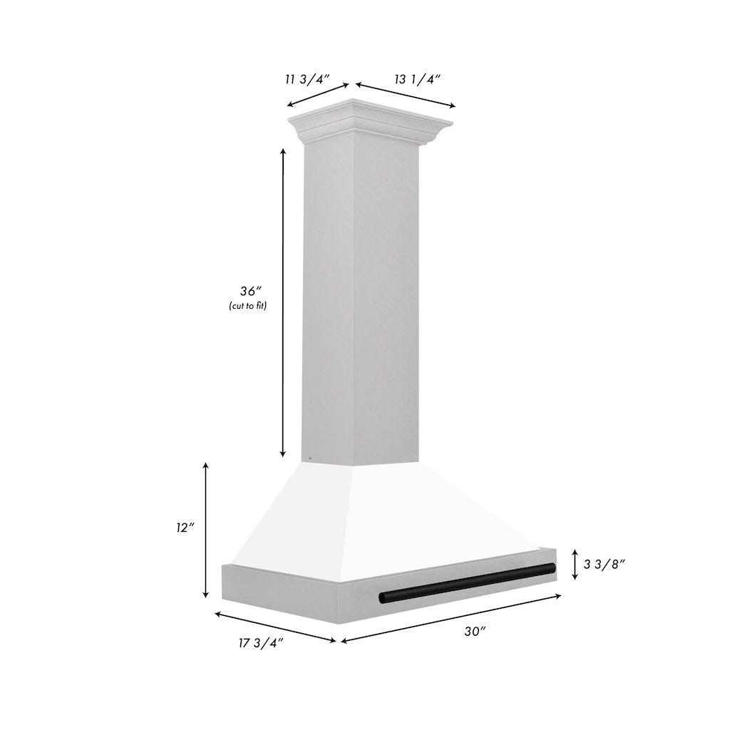 ZLINE Autograph Edition Convertible Fingerprint Resistant DuraSnow® Stainless Steel Range Hood with White Matte Shell and Matte Black Handle (KB4SNZ-WM-MB) dimensional diagram with measurements.