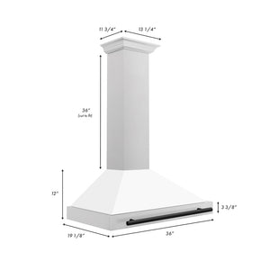 ZLINE Autograph Edition Convertible Fingerprint Resistant DuraSnow® Stainless Steel Range Hood with White Matte Shell and Matte Black Handle (KB4SNZ-WM-MB) dimensional diagram with measurements.