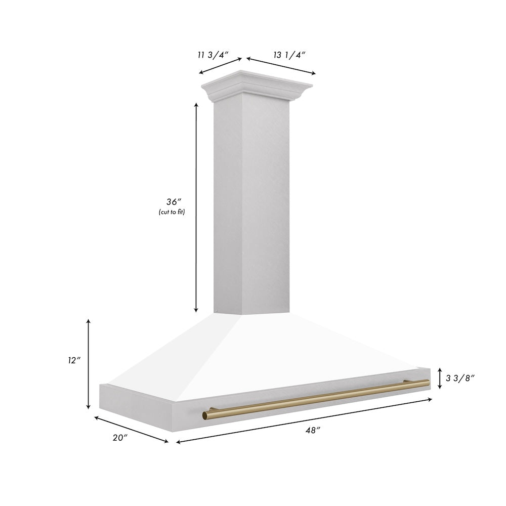 ZLINE Autograph Edition 48 in. Convertible Satin Stainless Steel Wall Mount Range Hood with White Matte Shell and Champagne Bronze Handle (KB4SNZ-WM48-CB) dimensional diagram.