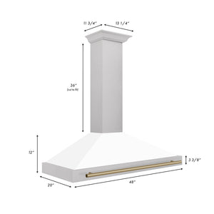 ZLINE Autograph Edition 48 in. Convertible Satin Stainless Steel Wall Mount Range Hood with White Matte Shell and Champagne Bronze Handle (KB4SNZ-WM48-CB) dimensional diagram.