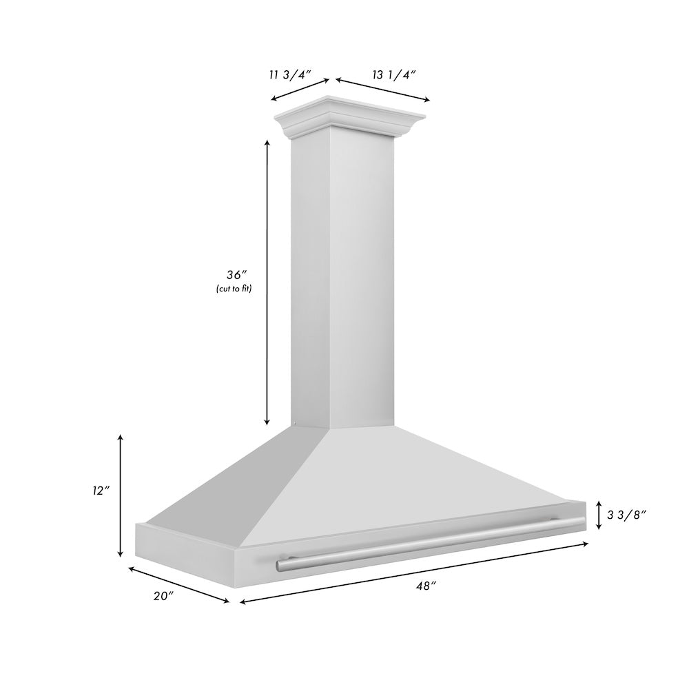 ZLINE 48 in. Convertible Stainless Steel Range Hood with Stainless Steel Handle (KB4STX-48) dimensional diagram.