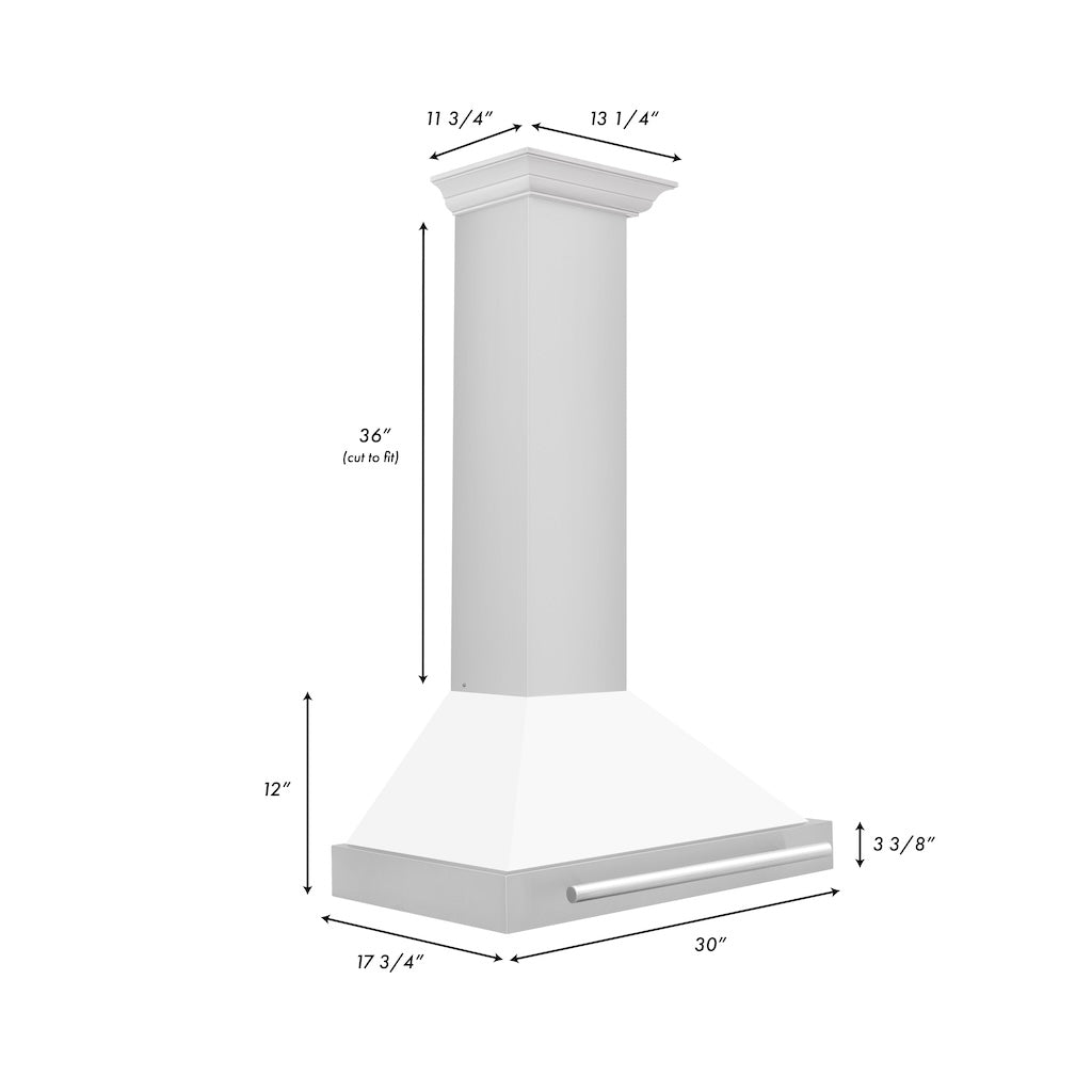 ZLINE Convertible Stainless Steel Range Hood with White Matte Shell and Stainless Steel Handle (KB4STX-WM) dimensional diagram with measurements.