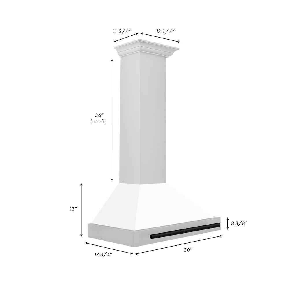 ZLINE Autograph Edition 30 in. Convertible Stainless Steel Range Hood with White Matte Shell and Matte Black Accents (KB4STZ-WM30-MB) dimensional diagram.