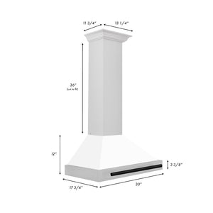 ZLINE Autograph Edition Convertible Stainless Steel Range Hood with White Matte Shell and Matte Black Accents (KB4STZ-WM-MB) dimensional diagram with measurements.