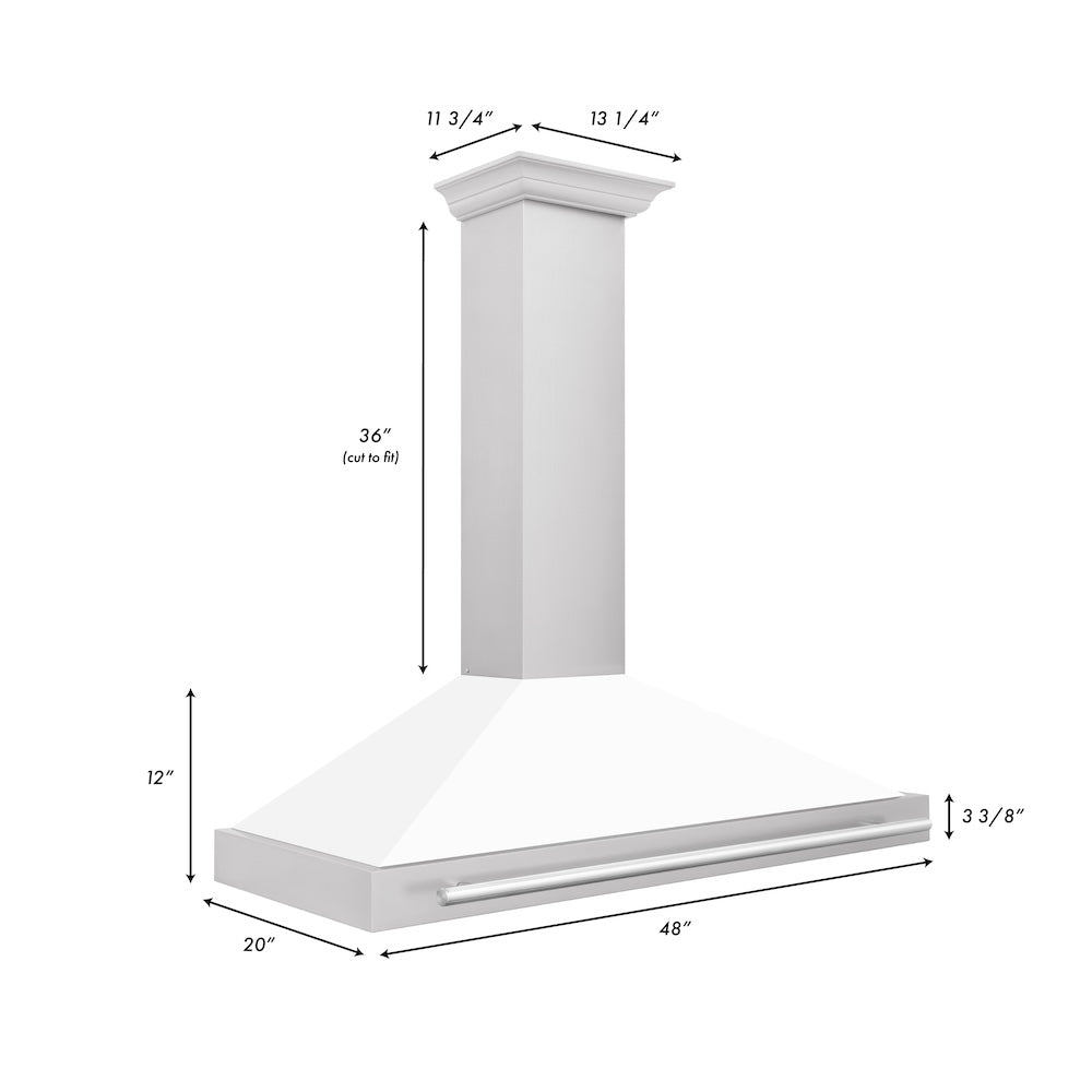ZLINE 48 in. Convertible Stainless Steel Range Hood with White Matte Shell and Stainless Steel Handle (KB4STX-WM-48) dimensional diagram.