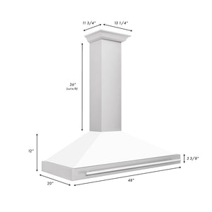 ZLINE Convertible Stainless Steel Range Hood with White Matte Shell and Stainless Steel Handle (KB4STX-WM) dimensional diagram with measurements.