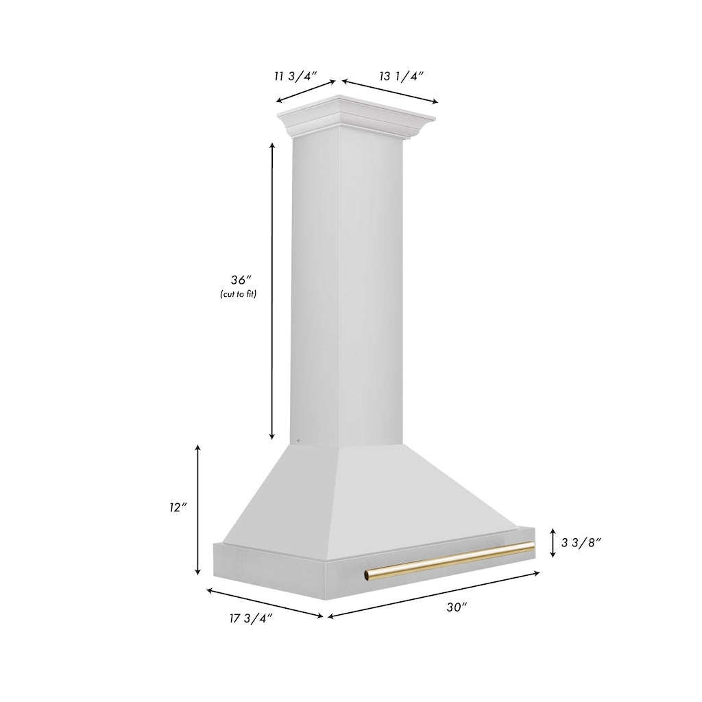 ZLINE Autograph Edition Convertible Stainless Steel Range Hood with Stainless Steel Shell and Polished Polished Gold Accents (KB4STZ-G) dimensional diagram with measurements.