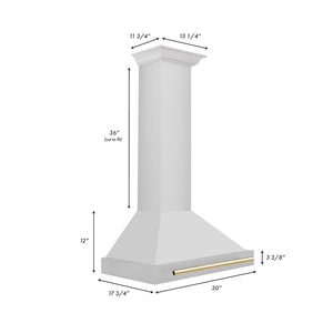 ZLINE Autograph Edition Convertible Stainless Steel Range Hood with Stainless Steel Shell and Polished Polished Gold Accents (KB4STZ-G) dimensional diagram with measurements.