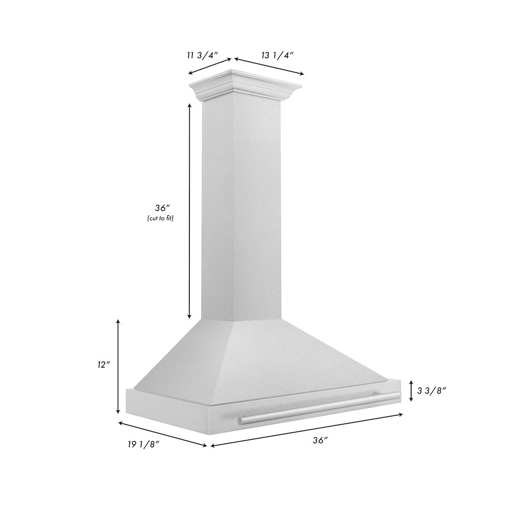 ZLINE Convertible Fingerprint Resistant DuraSnow® Stainless Steel Range Hood with Stainless Steel Handle (KB4SNX) dimensional diagram with measurements.