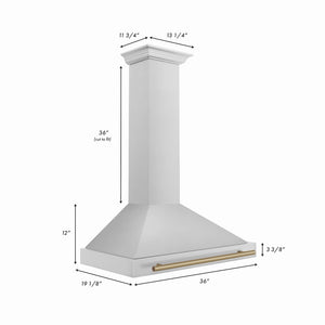 ZLINE Autograph Edition 36 in. Convertible Stainless Steel Range Hood with Stainless Steel Shell and Champagne Bronze Accents (KB4STZ-36-CB) dimensional diagram.