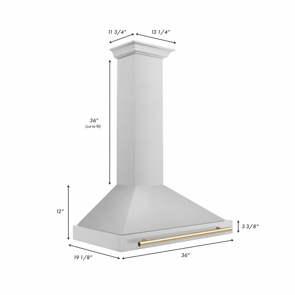 ZLINE Autograph Edition 36 in. Convertible Stainless Steel Range Hood with Stainless Steel Shell and Polished Gold Accents (KB4STZ-36-G) dimensional diagram.