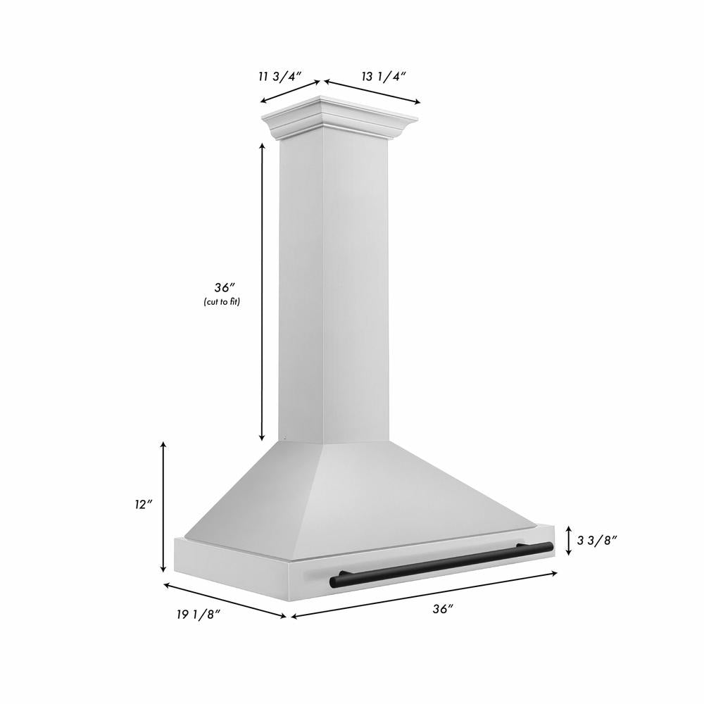 ZLINE Autograph Edition 36 in. Convertible Stainless Steel Range Hood with Stainless Steel Shell and Matte Black Accents (KB4STZ-36-MB) dimensional diagram.