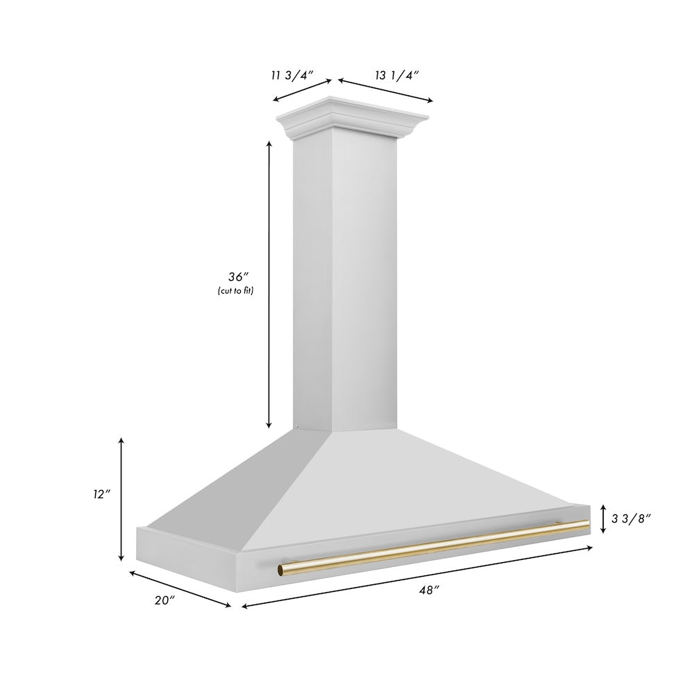 ZLINE Autograph Edition 48 in. Convertible Stainless Steel Range Hood with Stainless Steel Shell and Polished Gold Accents (KB4STZ-48-G) dimensional diagram.
