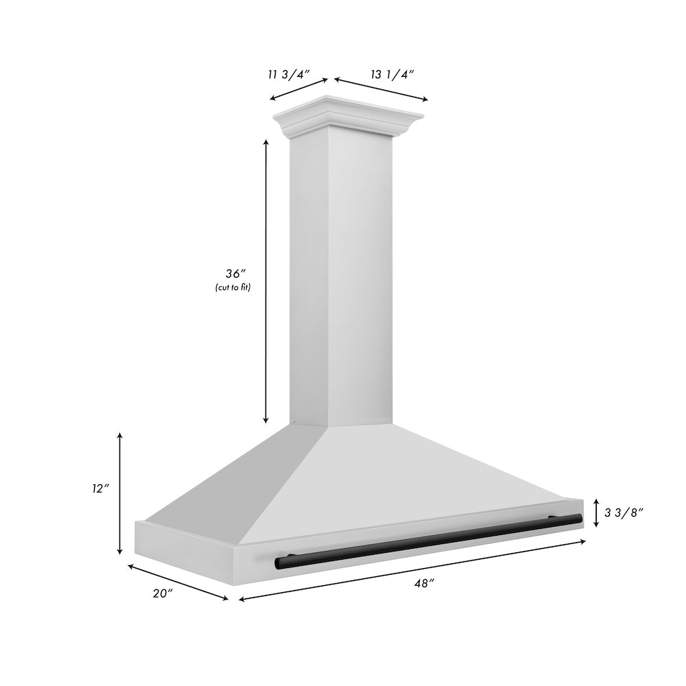 ZLINE Autograph Edition 48 in. Convertible Stainless Steel Range Hood with Stainless Steel Shell and Matte Black Accents (KB4STZ-48-MB) dimensional diagram.