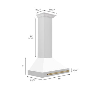 ZLINE Autograph Edition 30 in. Convertible Stainless Steel Range Hood with White Matte Shell and Champagne Bronze Accents (KB4STZ-WM30-CB) dimensional diagram.