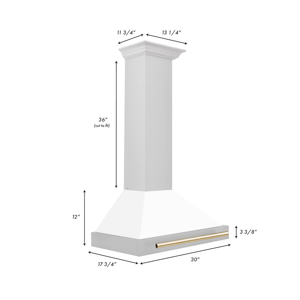 ZLINE Autograph Edition 30 in. Convertible Stainless Steel Range Hood with White Matte Shell and Polished Gold Accents (KB4STZ-WM30-G) dimensional diagram.