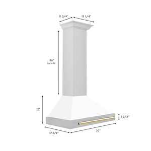 ZLINE Autograph Edition 30 in. Convertible Stainless Steel Range Hood with White Matte Shell and Polished Gold Accents (KB4STZ-WM30-G) dimensional diagram.