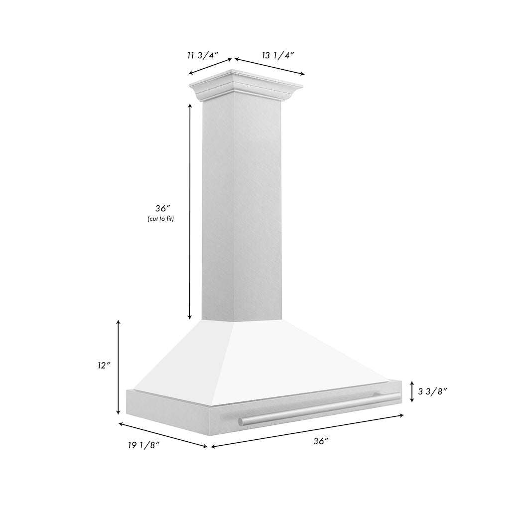 ZLINE Convertible Fingerprint Resistant DuraSnow® Stainless Steel Range Hood with White Matte Shell and Stainless Steel Handle (KB4SNX-WM) dimensional diagram with measurements.