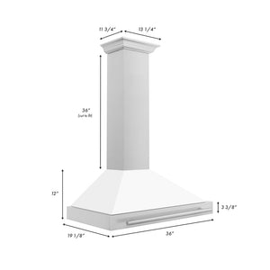 ZLINE Convertible Stainless Steel Range Hood with White Matte Shell and Stainless Steel Handle (KB4STX-WM) dimensional diagram with measurements.