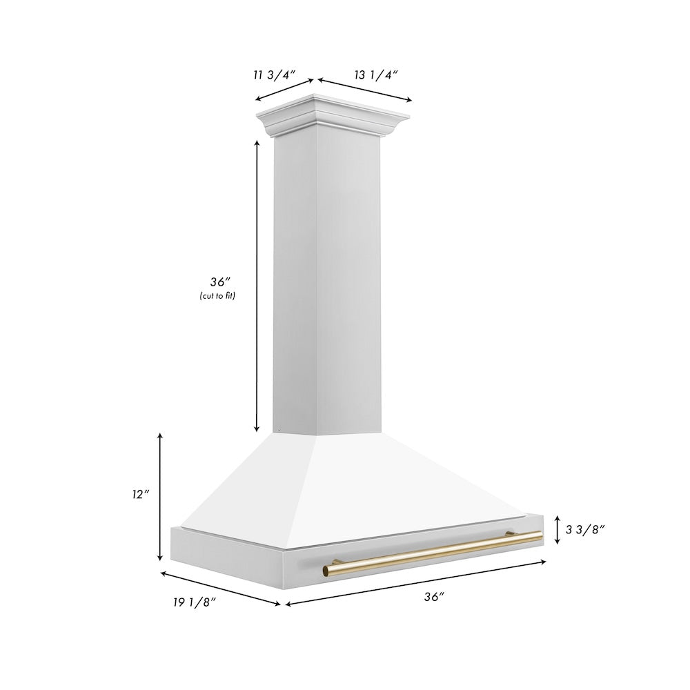 ZLINE Autograph Edition 36 in. Convertible Stainless Steel Range Hood with White Matte Shell and Polished Gold Accents (KB4STZ-WM36-G) dimensional diagram.