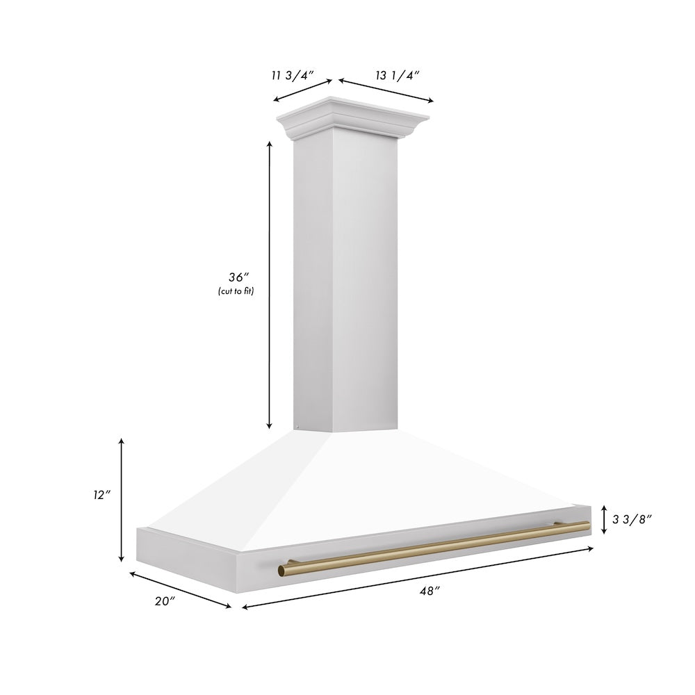 ZLINE Autograph Edition 48 in. Convertible Stainless Steel Range Hood with White Matte Shell and Champagne Bronze Accents (KB4STZ-WM48-CB) dimensional diagram.