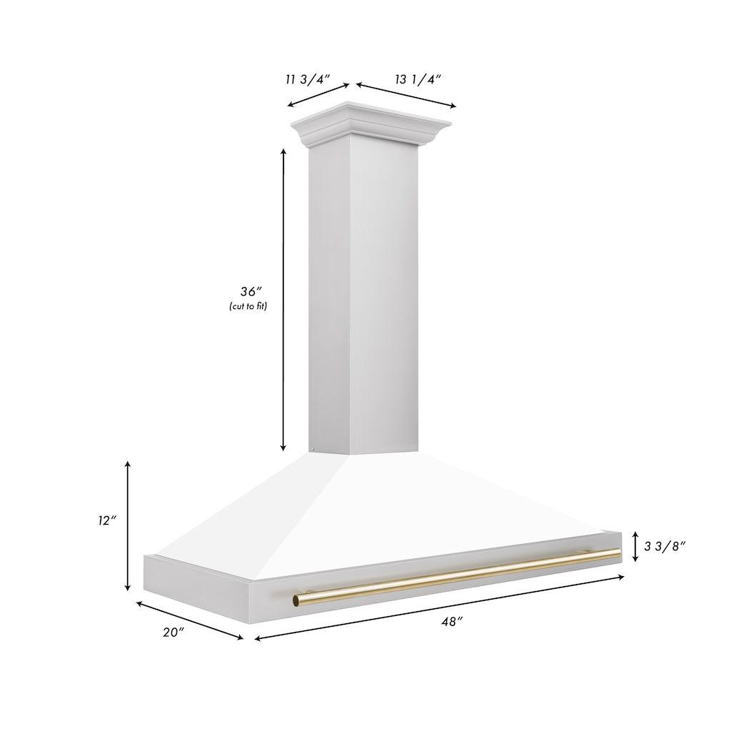 ZLINE Autograph Edition Convertible Stainless Steel Range Hood with White Matte Shell and Polished Gold Accents (KB4STZ-WM-G) dimensional diagram with measurements.