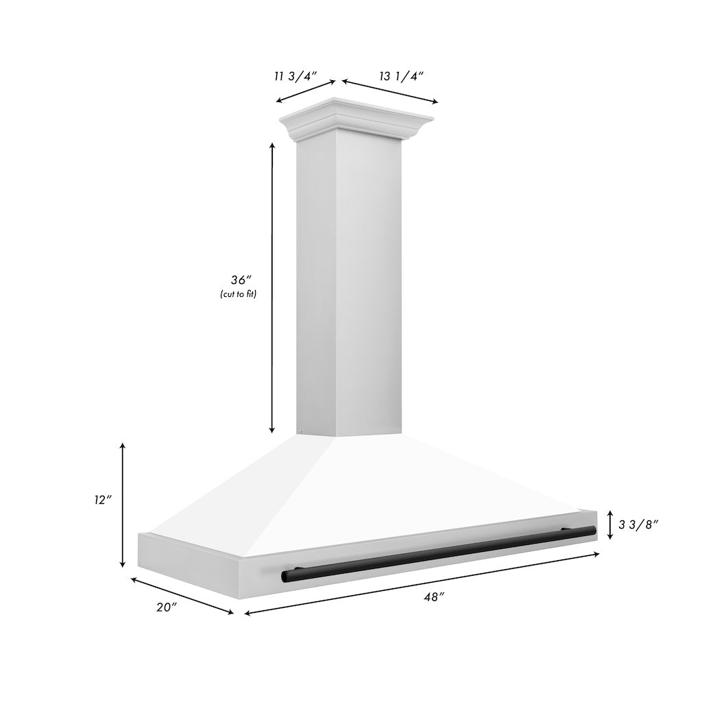 ZLINE Autograph Edition Convertible Stainless Steel Range Hood with White Matte Shell and Matte Black Accents (KB4STZ-WM-MB) dimensional diagram with measurements.