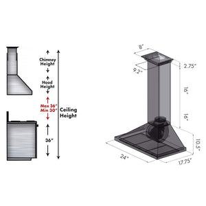 ZLINE 24 in. CrownSound™ Ducted Vent Wall Mount Range Hood in Stainless Steel with Built-in Bluetooth Speakers (KBCRN-BT-24) dimensional diagram.