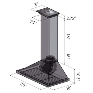ZLINE 30 in. CrownSound™ Ducted Vent Wall Mount Range Hood in Stainless Steel with Built-in Bluetooth Speakers (KBCRN-BT-30) dimensional diagram.