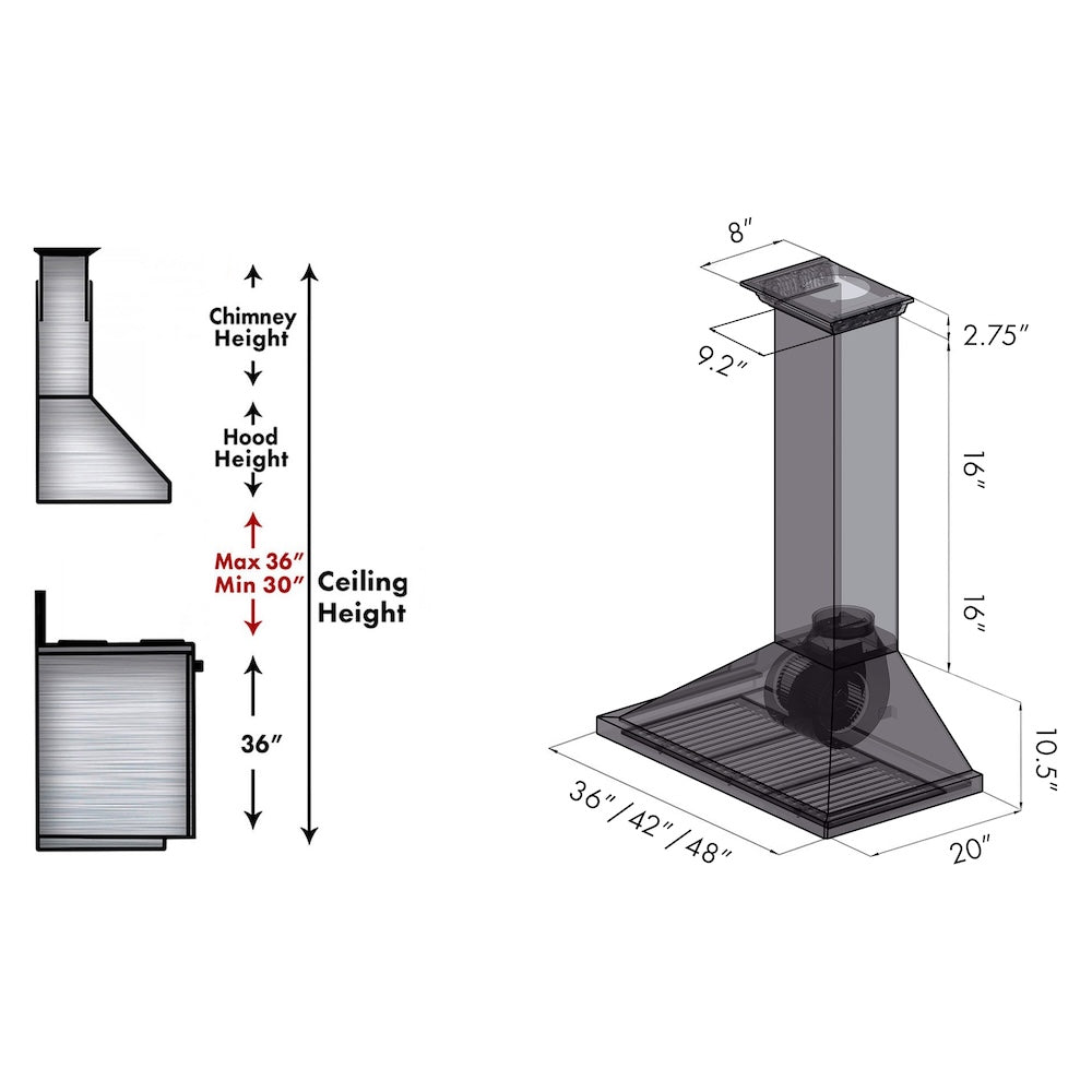 ZLINE 42 in. CrownSound™ Ducted Vent Wall Mount Range Hood in Stainless Steel with Built-in Bluetooth Speakers (KBCRN-BT-42) dimensional diagram.