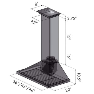 ZLINE 48 in. CrownSound™ Ducted Vent Wall Mount Range Hood in Stainless Steel with Built-in Bluetooth Speakers (KBCRN-BT-48) dimensional diagram.