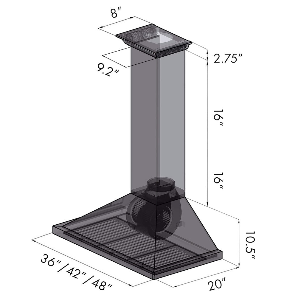 ZLINE 42 in. CrownSound™ Ducted Vent Wall Mount Range Hood in Stainless Steel with Built-in Bluetooth Speakers (KBCRN-BT-42) dimensional diagram.