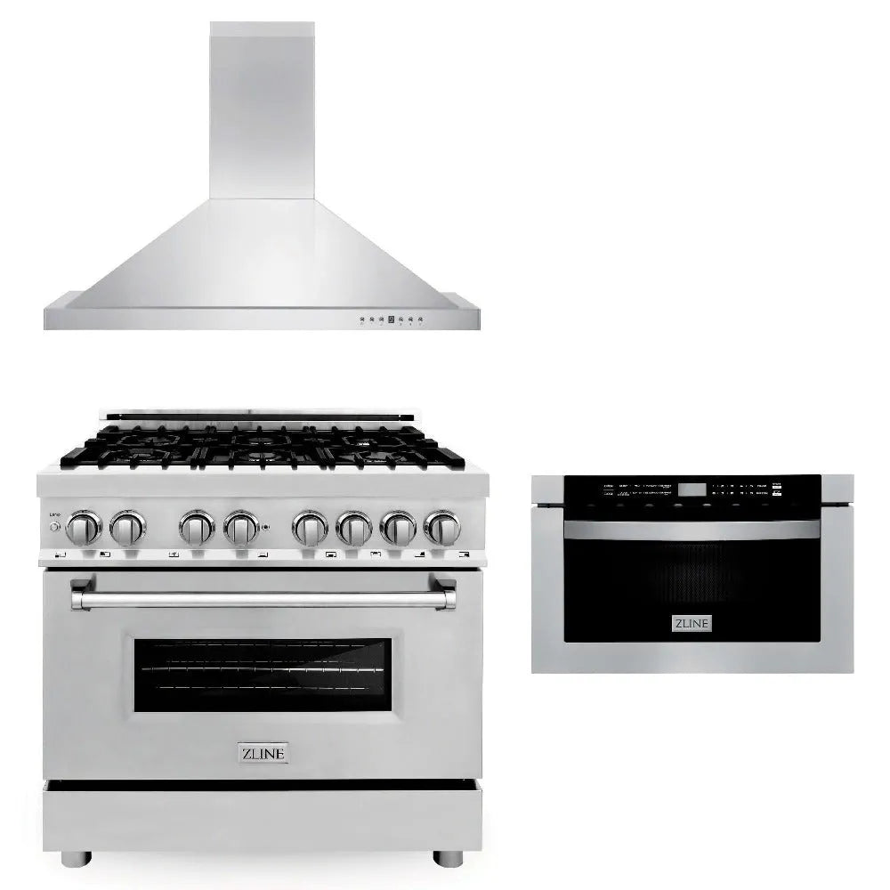 ZLINE 36 in. Kitchen Package with Stainless Steel Dual Fuel Range, Convertible Vent Range Hood and Microwave Drawer (3KP-RARH36-MW) main image.