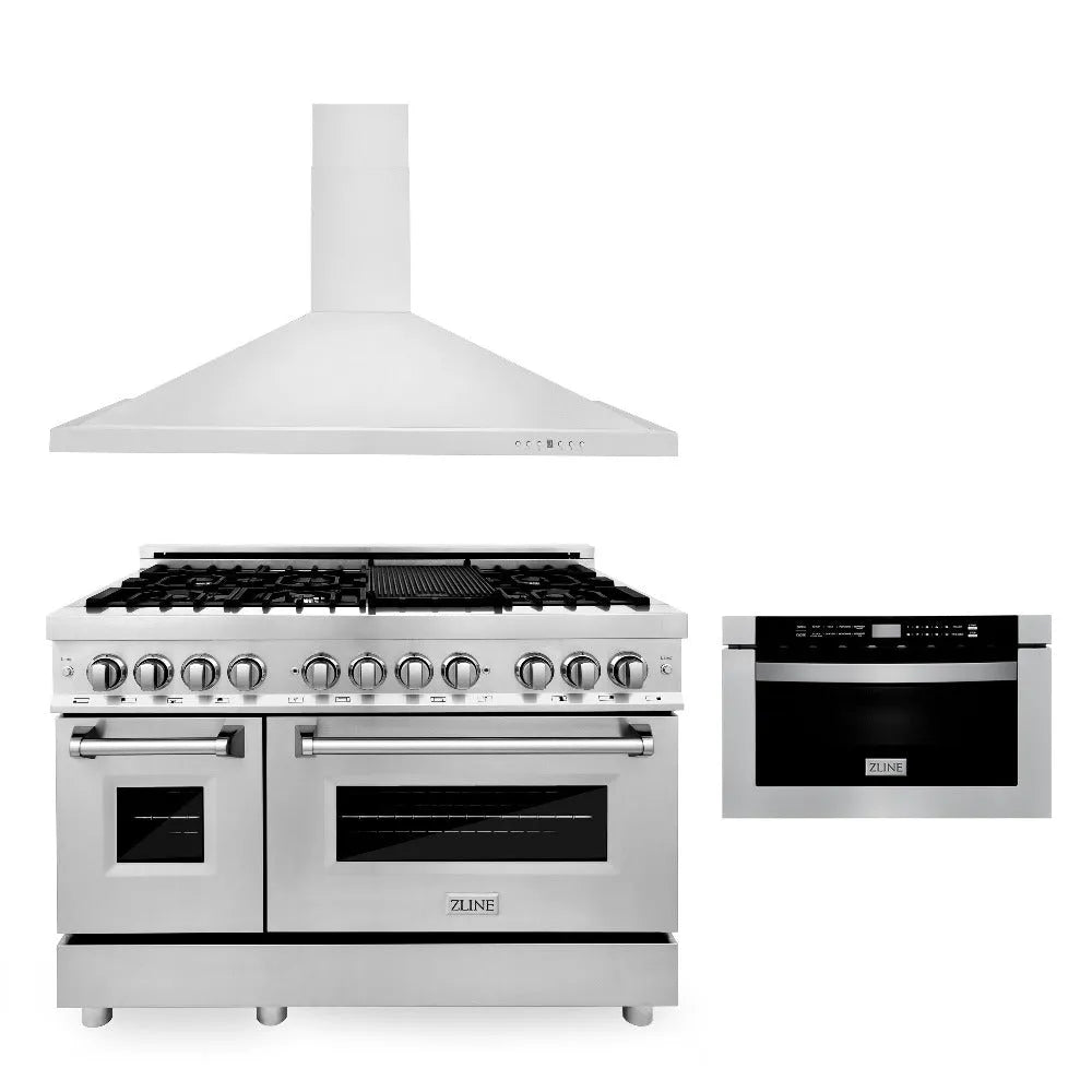 ZLINE 48 in. Kitchen Package with Stainless Steel Dual Fuel Range, Convertible Vent Range Hood and Microwave Drawer (3KP-RARH48-MW) main image.