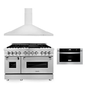ZLINE 48 in. Kitchen Package with Stainless Steel Dual Fuel Range, Convertible Vent Range Hood and Microwave Drawer (3KP-RARH48-MW) main image.