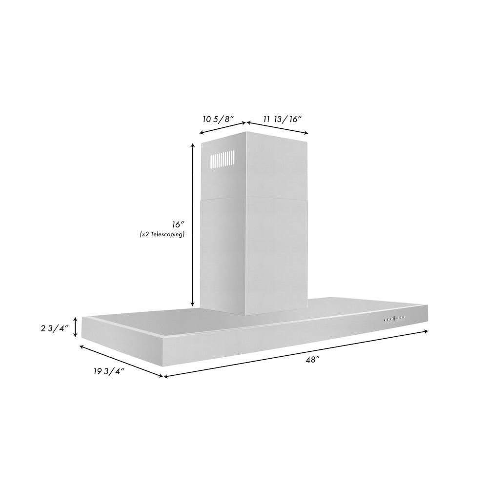 ZLINE 48 in. Convertible Vent Wall Mount Range Hood in Stainless Steel (KE-48) dimensional diagram.