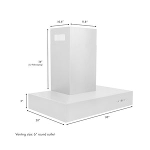 ZLINE 30 in. Convertible Professional Wall Mount Range Hood in Stainless Steel (KECOM-30) dimensional diagram.