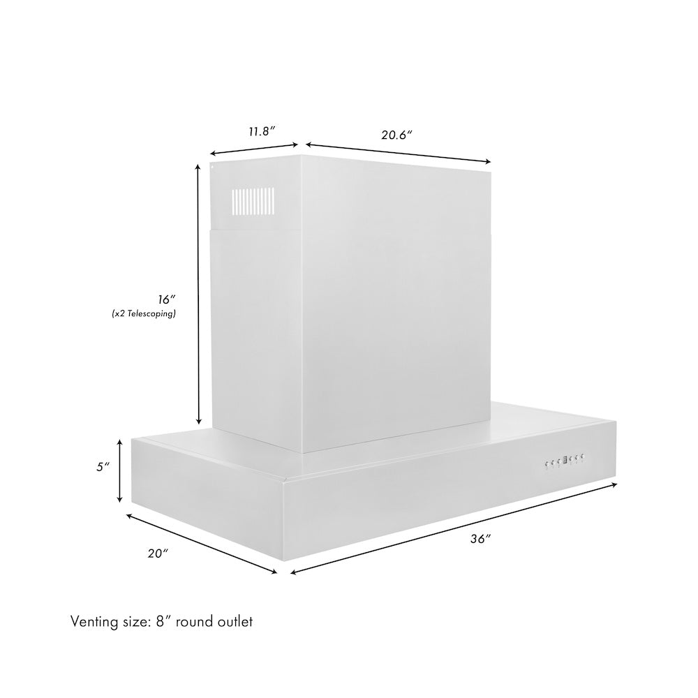 ZLINE 36 in. Ducted Professional Wall Mount Range Hood in Stainless Steel (KECOM-36) dimensional diagram.