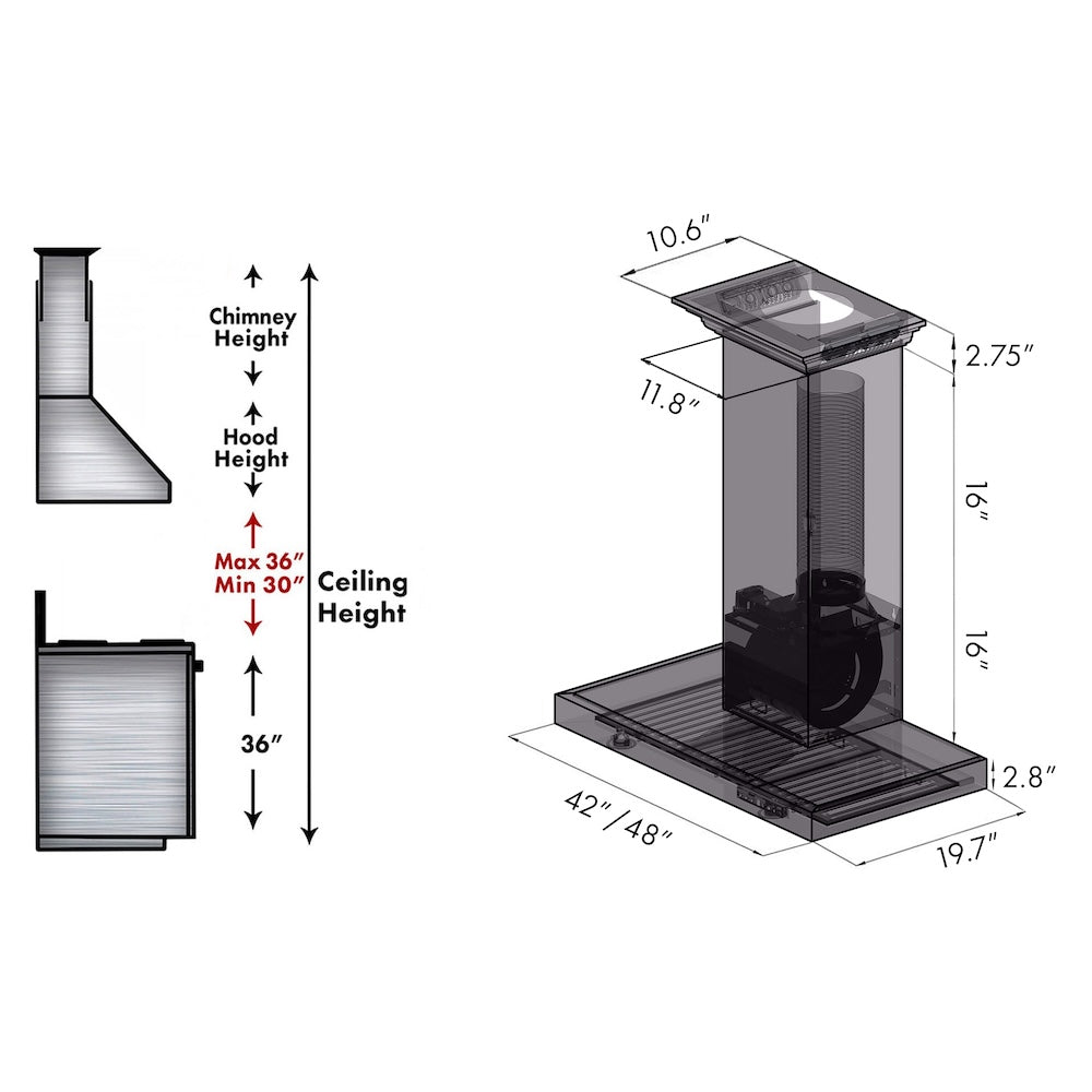 ZLINE 48 in. CrownSound™ Ducted Vent Wall Mount Range Hood in Stainless Steel with Built-in Bluetooth Speakers (KECRN-BT-48) dimensional diagram.
