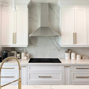 ZLINE 30 in. Convertible Vent Wall Mount Range Hood in Stainless Steel (KF1-30) in a farmhouse-style kitchen, front.