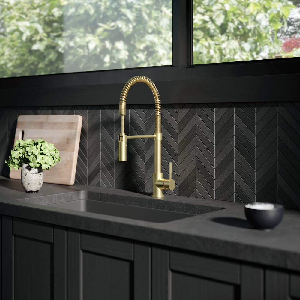 ZLINE Sierra Kitchen Faucet in Champagne Bronze (SRA-KF-CB) lifestyle, in a modern kitchen.