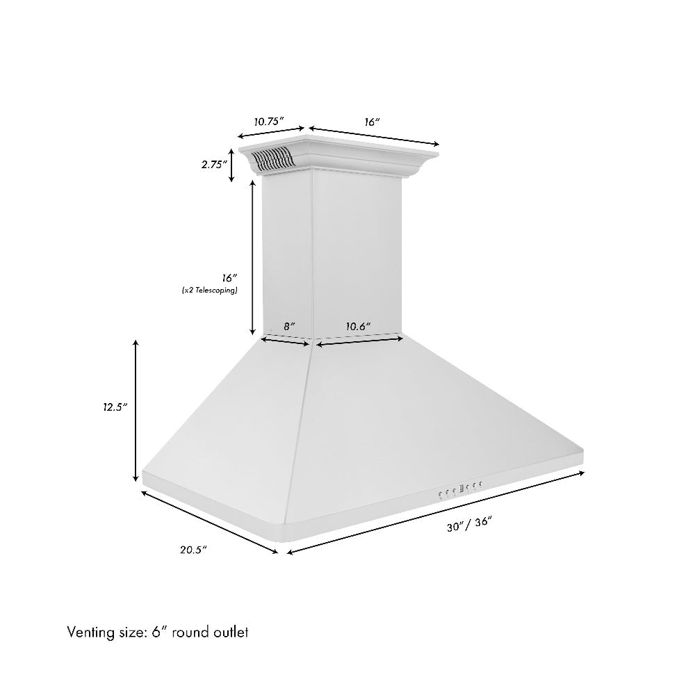 ZLINE 36 in. CrownSound™ Ducted Vent Wall Mount Range Hood in Stainless Steel with Built-in Bluetooth Speakers (KF1CRN-BT-36) dimensional diagram.