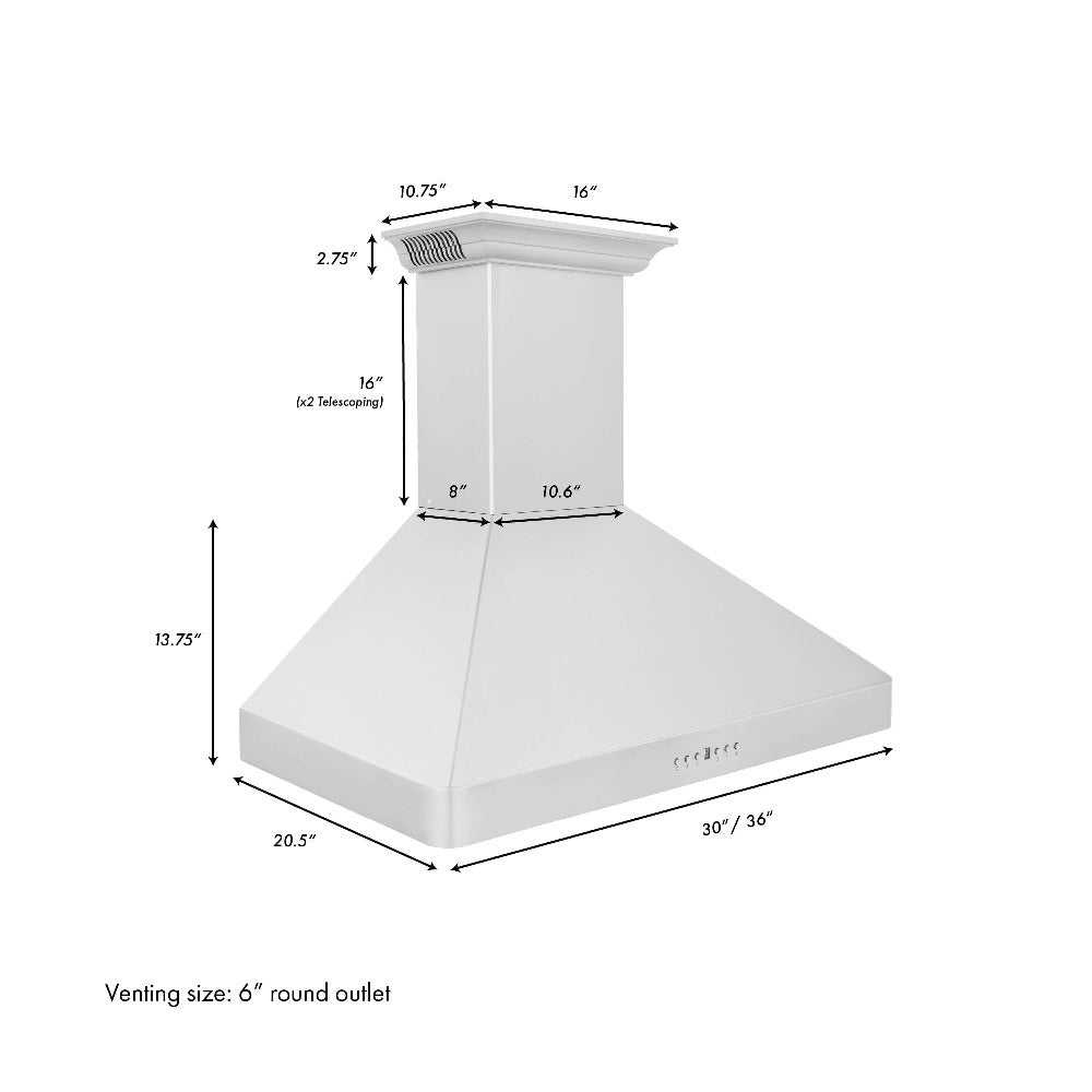 ZLINE 36 in. CrownSound™ Ducted Vent Wall Mount Range Hood in Stainless Steel with Built-in Bluetooth Speakers (KF2CRN-BT-36) dimensional diagram.